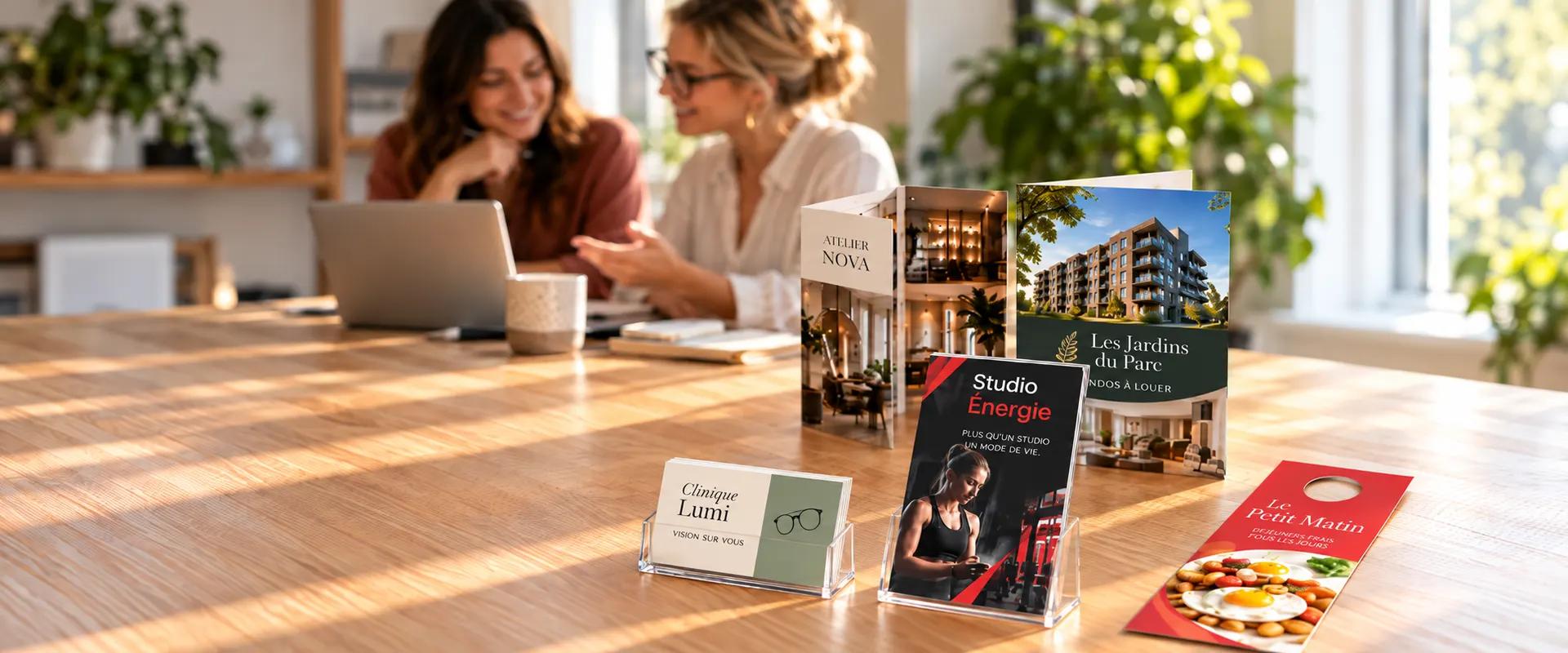 Deux femmes discutent à une table où sont présentés des imprimés : dépliant, cartes d’affaires, carte perforée et accroche-porte